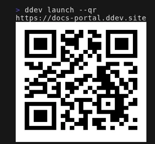 ddev launch --qr printing the project URL and its QR code