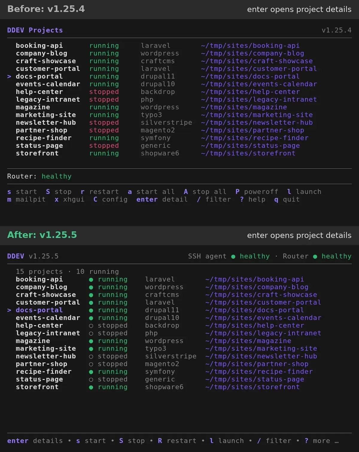 The ddev tui project view in v1.25.4 (top) and v1.25.5 (bottom)
